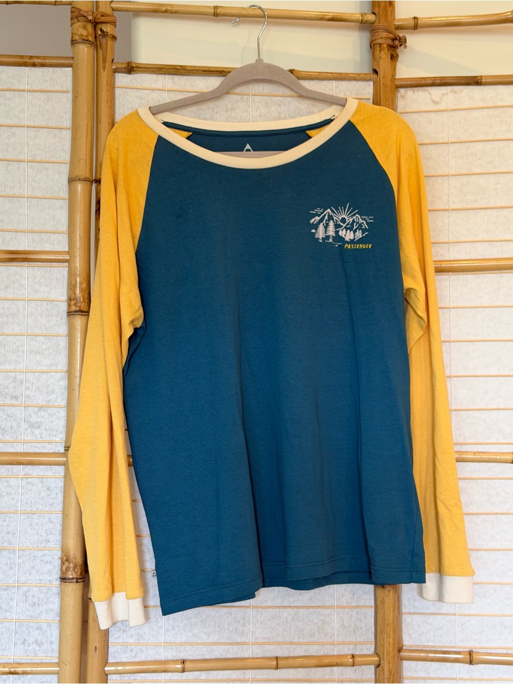 Passenger: ⚾️ Women's Teal with long yellow sleeves - baseball style Tee